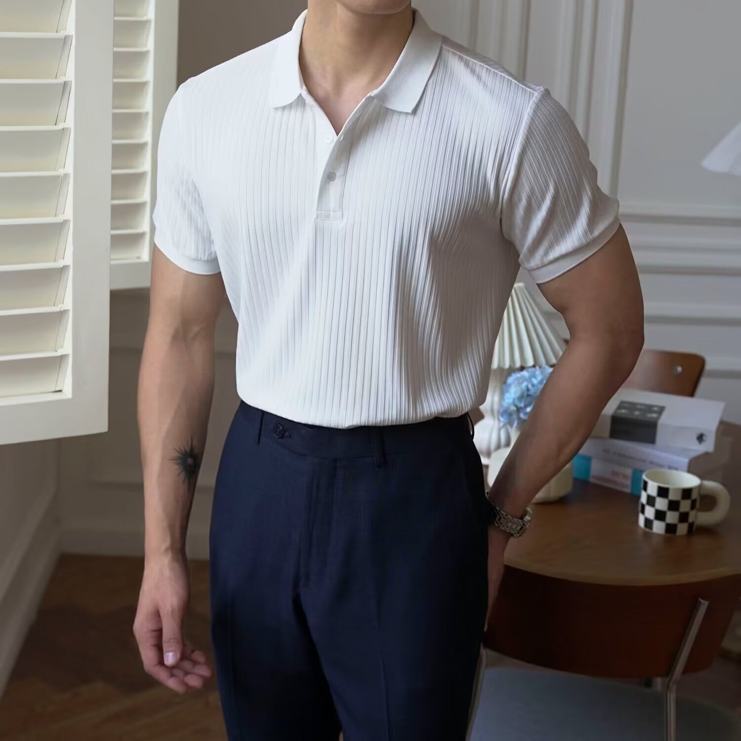 メンズ折り襟付き・アイスシルクスリムPOLOシャツ