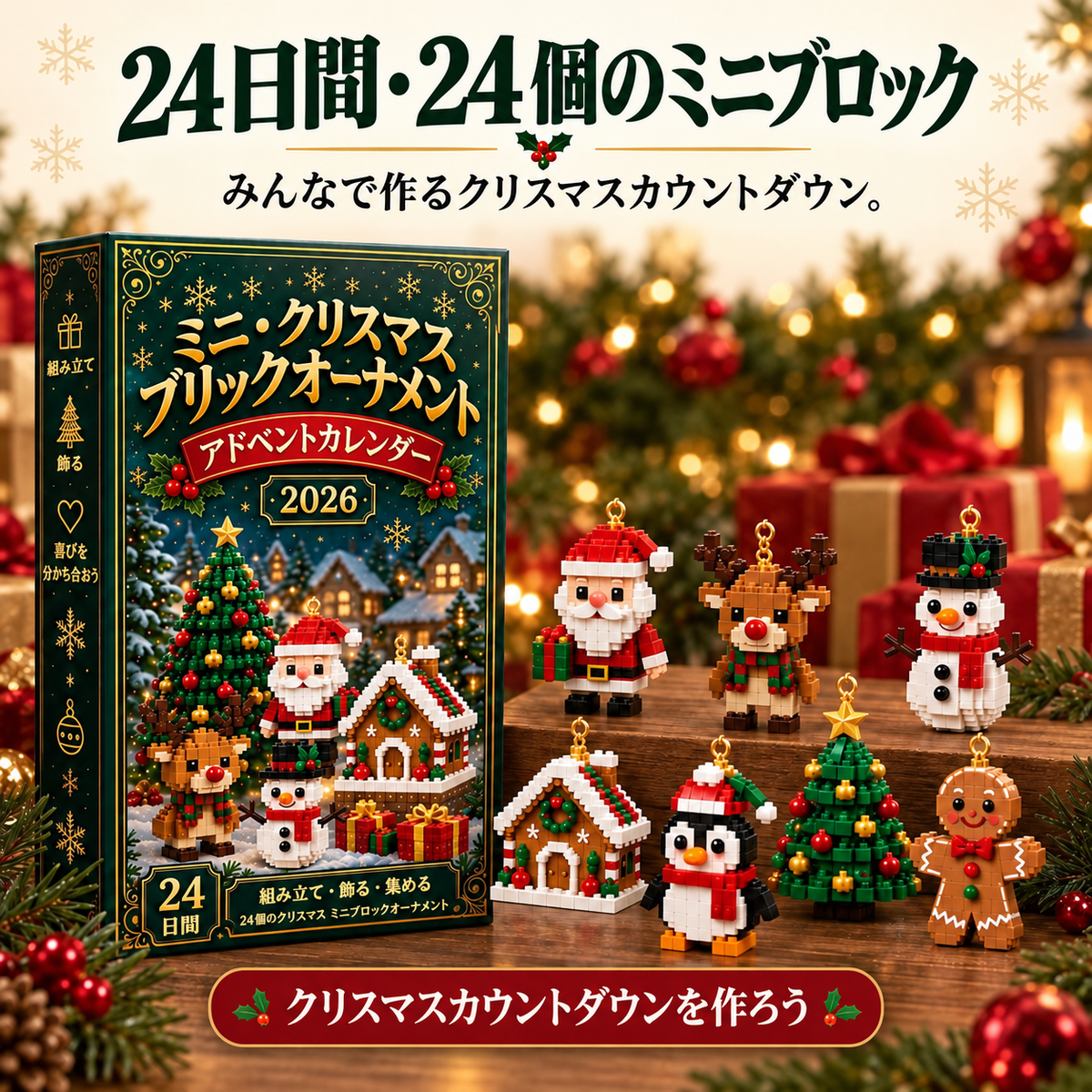 ⏳あと 1 日限定 49% OFF 🎄24 日間ミニクリスマスオーナメント アドベントカレンダー｜24 種類のユニークな組み立て式ホリデー飾り、吊りループ付き。クリスマスツリー、リース、ホリデーディスプレイに最適🧱
