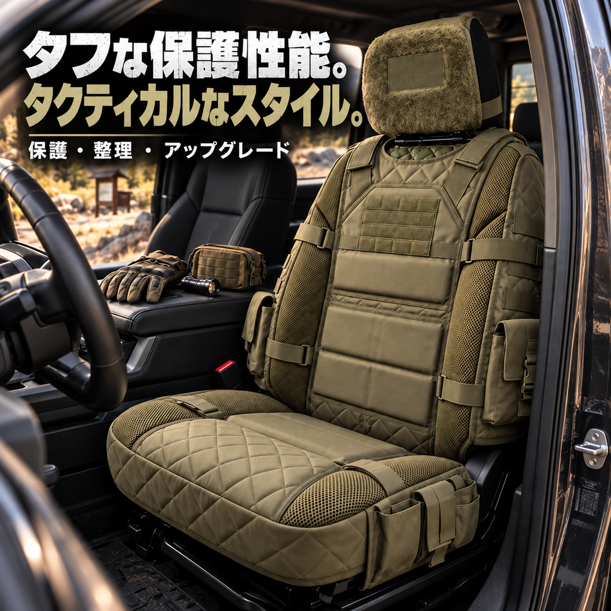 💥期間限定半額🚙 丈夫なタクティカルトラックシートカバー✨収納機能付き、シート保護＆一日中快適な座り心地