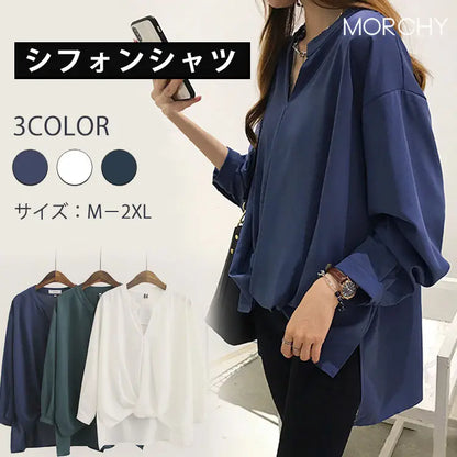 シフォンシャツ 2セットで5900円 トップス 前結び風 ノーカラー 春夏 レディース オン オフ おしゃれ