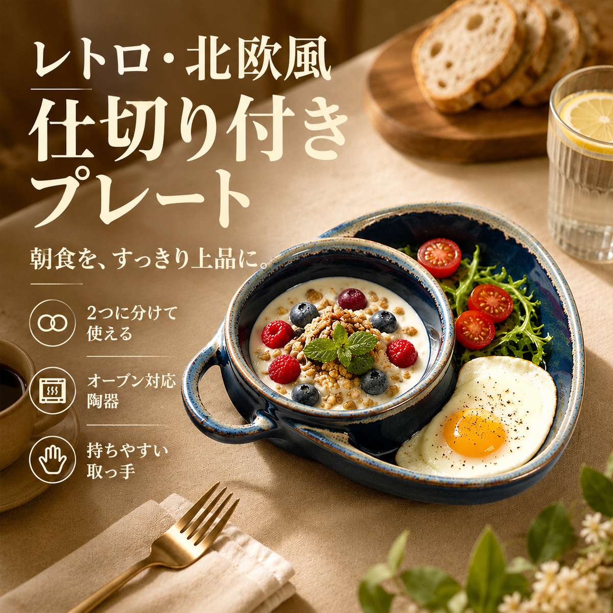 レトロセラミック 仕切り付きグラタン皿 ハンドル付き