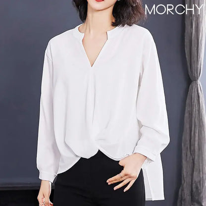 シフォンシャツ 2セットで5900円 トップス 前結び風 ノーカラー 春夏 レディース オン オフ おしゃれ