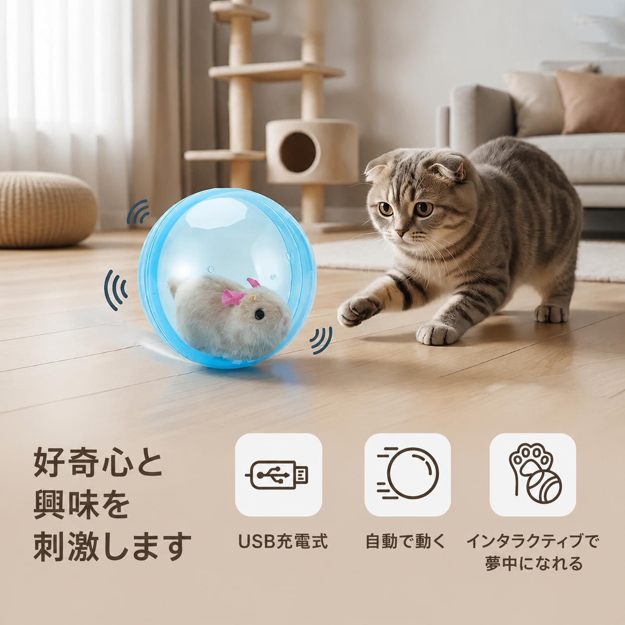 ネズミ付き自動転がりボール 室内猫用ハンズフリーおもちゃ