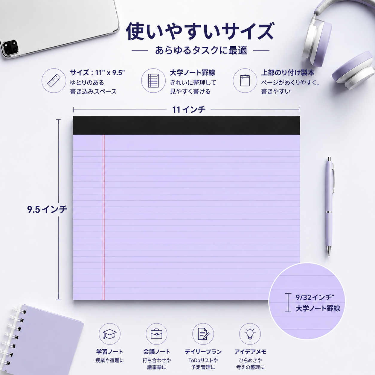 📝オフィスポップ ワイドリーガルパッド（両面印刷対応、インク滲みなし）– カラフル、横書き仕様、二段罫線、簡単切り離しシート 30 枚入り 🌈📄✨