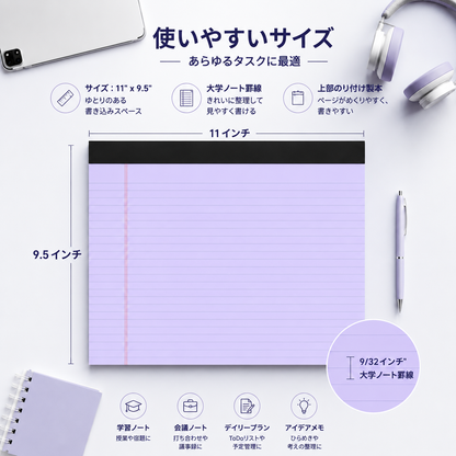 📝オフィスポップ ワイドリーガルパッド（両面印刷対応、インク滲みなし）– カラフル、横書き仕様、二段罫線、簡単切り離しシート 30 枚入り 🌈📄✨
