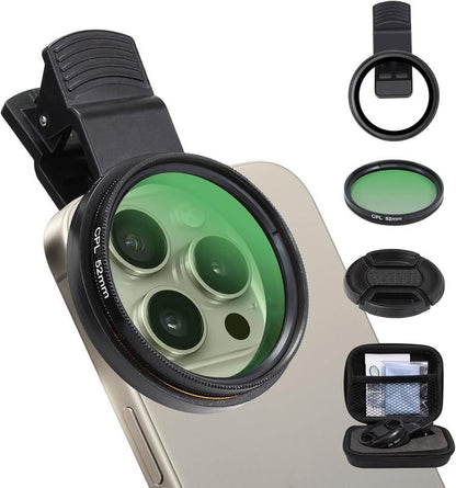 52mm プロフェッショナル携帯電話カメラクリップ、すべてのスマートフォン用 アルミニウム合金スレッド (丸穴, CPLフィルター付き)
