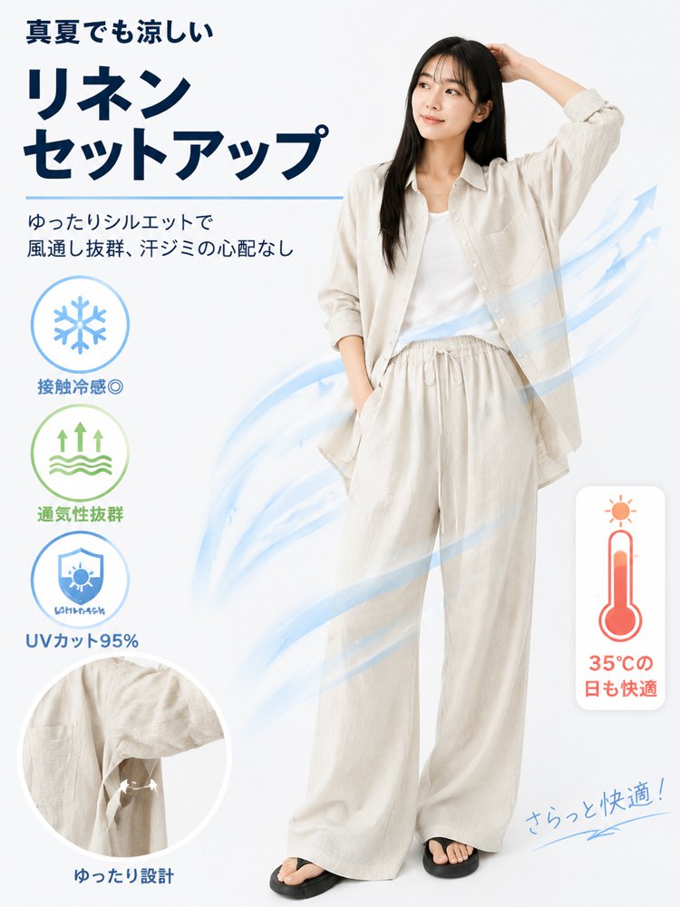 リネンゆったりシャツワイドパンツセットアップ