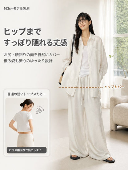 リネンゆったりシャツワイドパンツセットアップ
