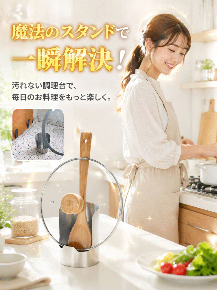 【調理台を汚さない】多機能ステンレス鍋蓋・お玉スタンド | レシピ立て 食洗機対応 箸置き 菜箸トレイ 錆びにくい コンパクト