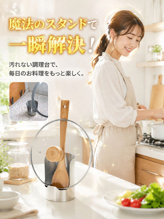 【調理台を汚さない】多機能ステンレス鍋蓋・お玉スタンド | レシピ立て 食洗機対応 箸置き 菜箸トレイ 錆びにくい コンパクト