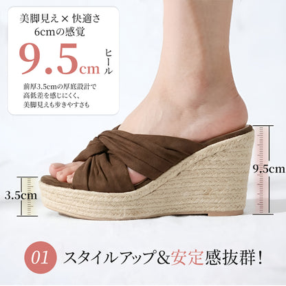 【走れる美脚】9.5cm厚底ウェッジサンダル 痛くない 幅広 軽い ミュール レディース