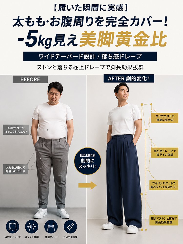 【ノーアイロン！】メンズゆったりドレープスラックスパンツ