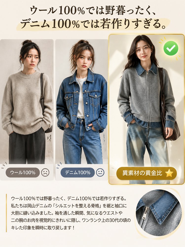 襟付きデニム×ウール切り替えトップス