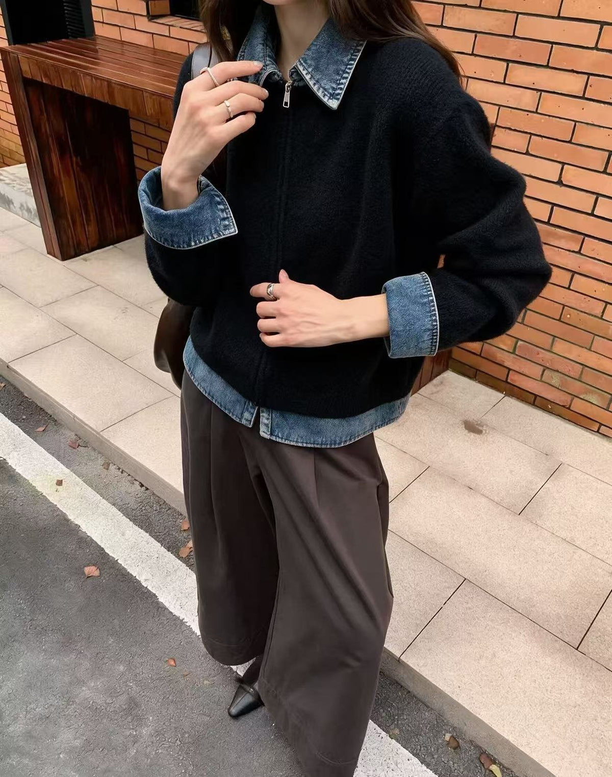 襟付きデニム×ウール切り替えトップス