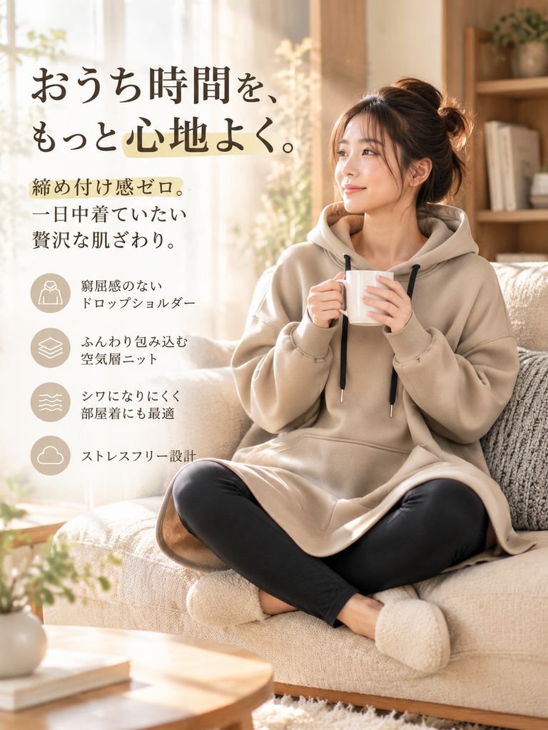 【前後差丈デザイン】ミドル丈フード付きポケットトップス