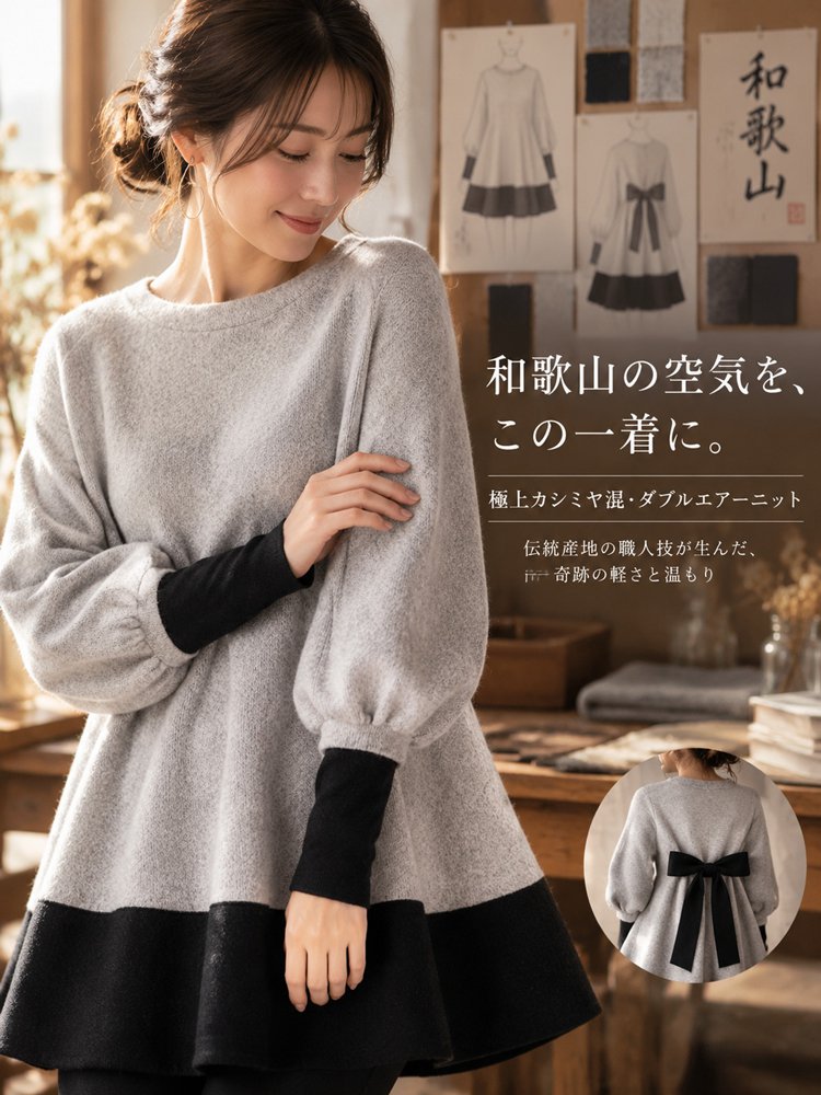 【細見えウエストシェイプ】Aライン バックリボントップス