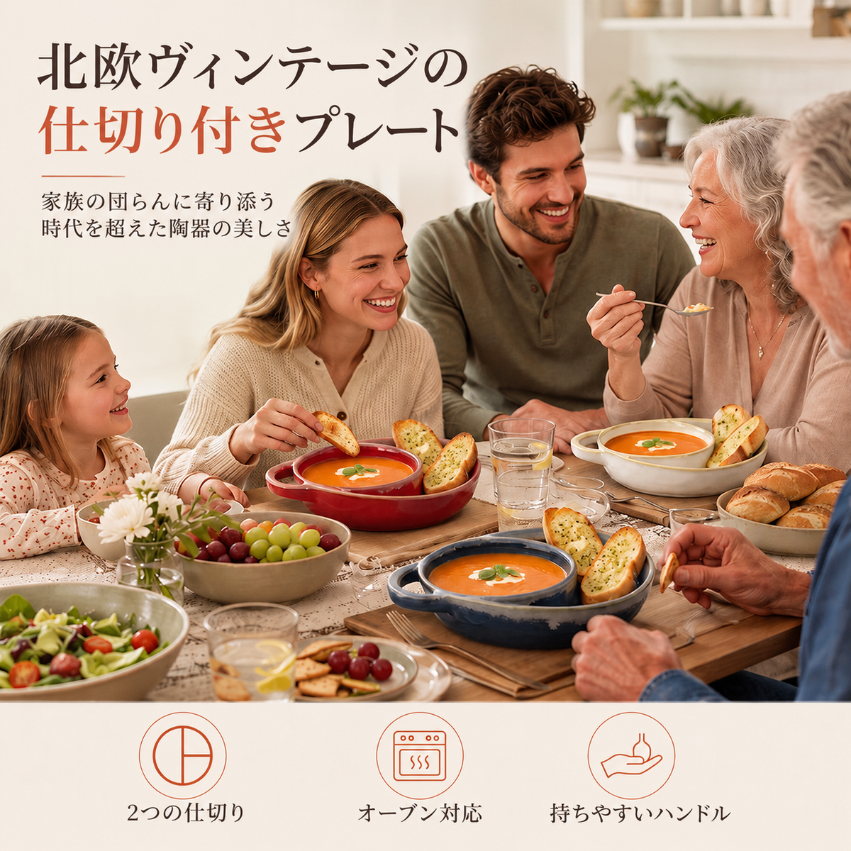 レトロセラミック 仕切り付きグラタン皿 ハンドル付き