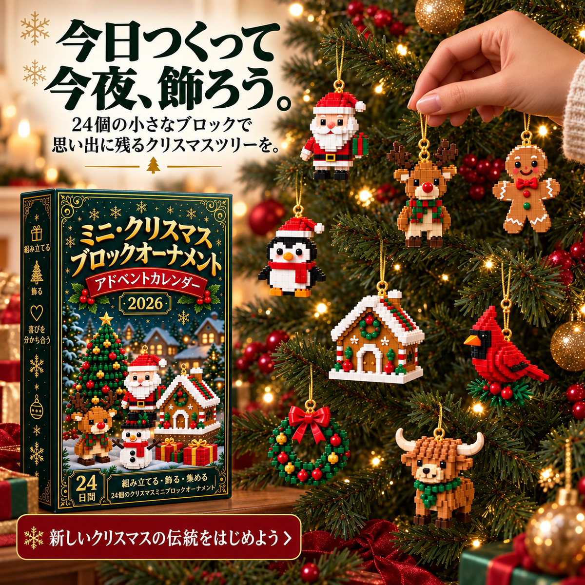 ⏳あと 1 日限定 49% OFF 🎄24 日間ミニクリスマスオーナメント アドベントカレンダー｜24 種類のユニークな組み立て式ホリデー飾り、吊りループ付き。クリスマスツリー、リース、ホリデーディスプレイに最適🧱