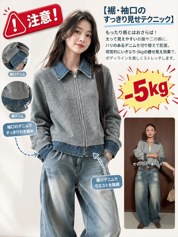 襟付きデニム×ウール切り替えトップス