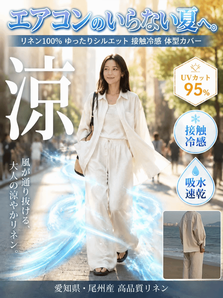 リネンゆったりシャツワイドパンツセットアップ