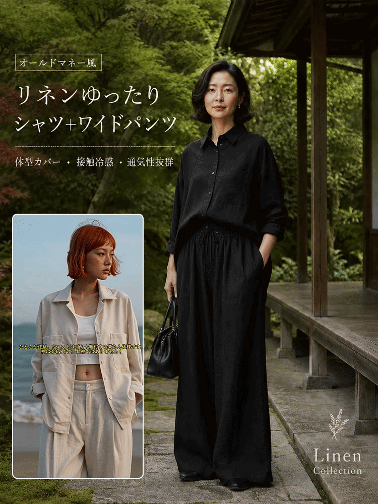 リネンゆったりシャツワイドパンツセットアップ