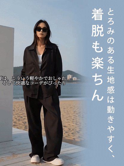 リネンゆったりシャツワイドパンツセットアップ