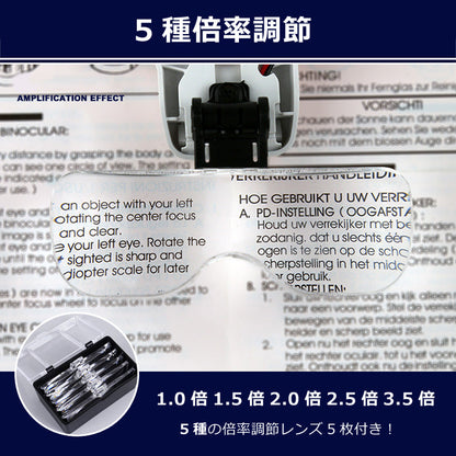 2LEDライト付 メガネ型ルーペ 拡大鏡  ベルト付き レンズ5枚セット