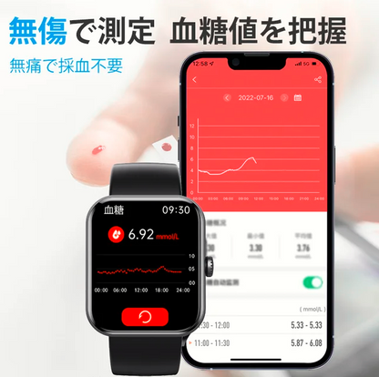 新発売の採血不要血糖測定スマートウォッチ！最後の1時間限定50％OFF！ブランド倉庫直送！つけると血糖値、血圧、心臓状態や睡眠の質を測定することができる